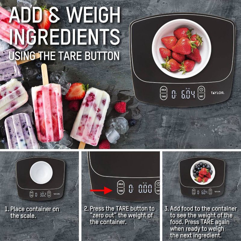 slide 6 of 11, Taylor Waterproof Digital Kitchen 11 lb Food Scale Black: LCD Display, Battery Powered, Measures, 11 lb