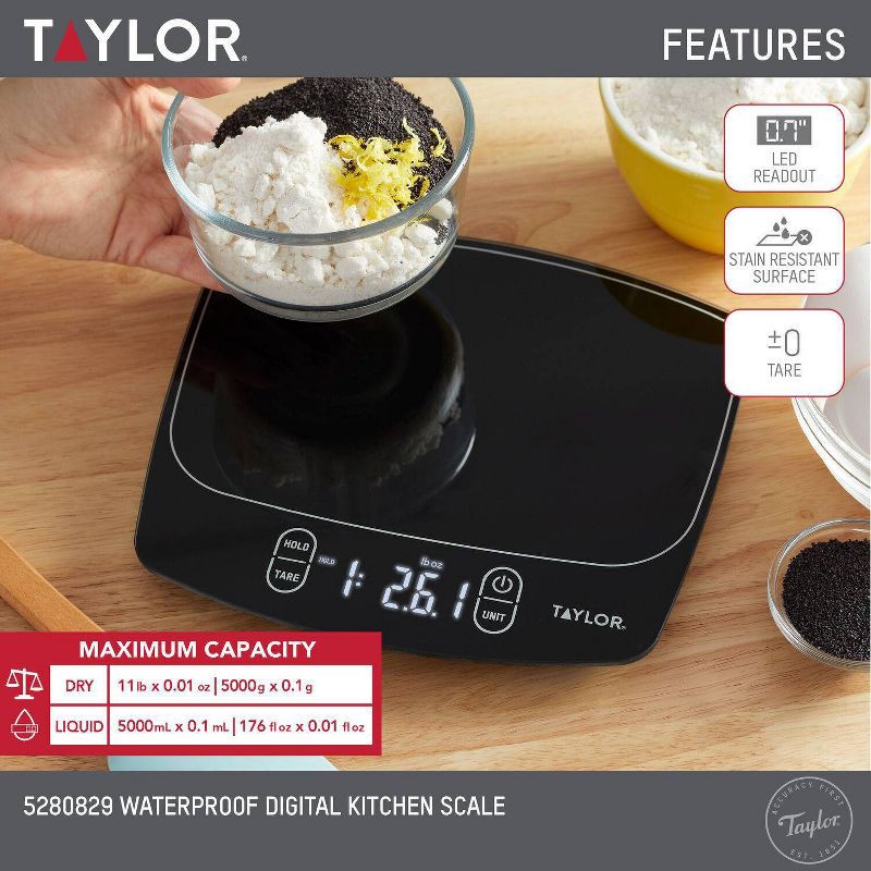 slide 11 of 11, Taylor Waterproof Digital Kitchen 11 lb Food Scale Black: LCD Display, Battery Powered, Measures, 11 lb