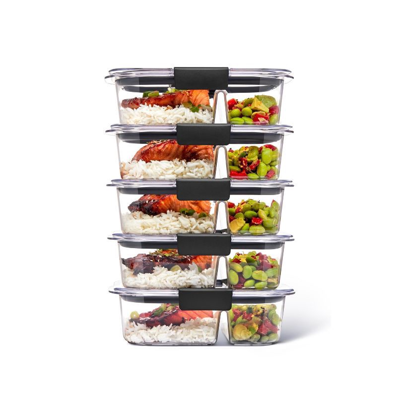 slide 4 of 7, Rubbermaid 5pk 2.85 cup Brilliance Meal Prep Containers, 2-Compartment Food Storage Containers: Kitchen, Lunch, Clear, 5 ct