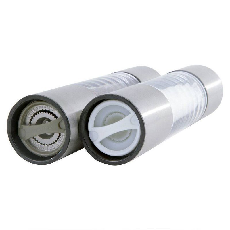 slide 3 of 6, Cole & Mason 8" Stainless Steel Salt and Pepper Mill Set: Silver Spice Mills, Includes Black Peppercorn, Salt, 1 ct