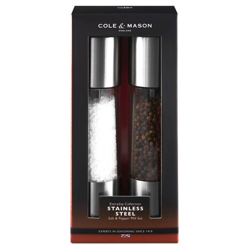 slide 4 of 6, Cole & Mason 8" Stainless Steel Salt and Pepper Mill Set: Silver Spice Mills, Includes Black Peppercorn, Salt, 1 ct