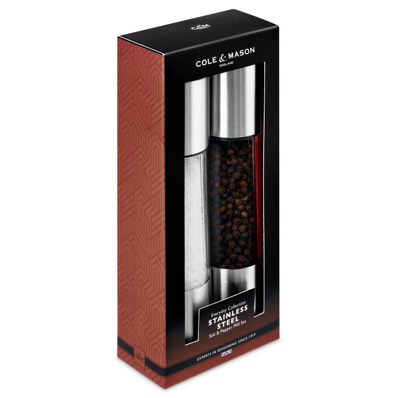 slide 5 of 6, Cole & Mason 8" Stainless Steel Salt and Pepper Mill Set: Silver Spice Mills, Includes Black Peppercorn, Salt, 1 ct