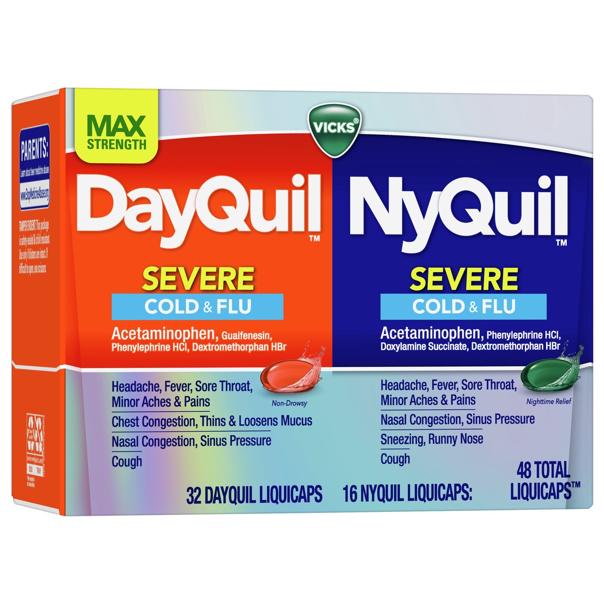 slide 3 of 4, Vicks DayQuil and NyQuil Severe Cough, Cold & Flu Relief LiquiCaps, 48 ct