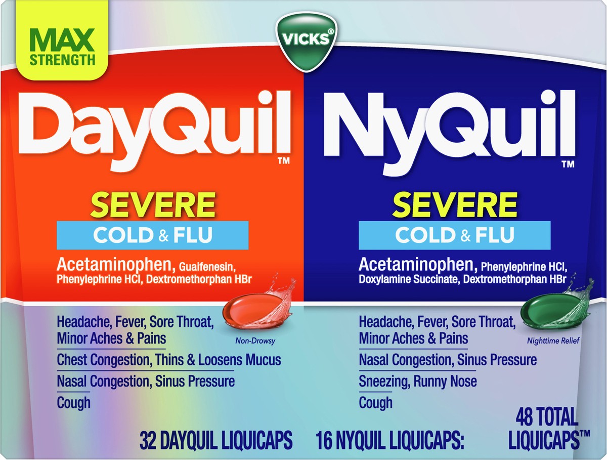 slide 4 of 4, Vicks DayQuil and NyQuil Severe Cough, Cold & Flu Relief LiquiCaps, 48 ct