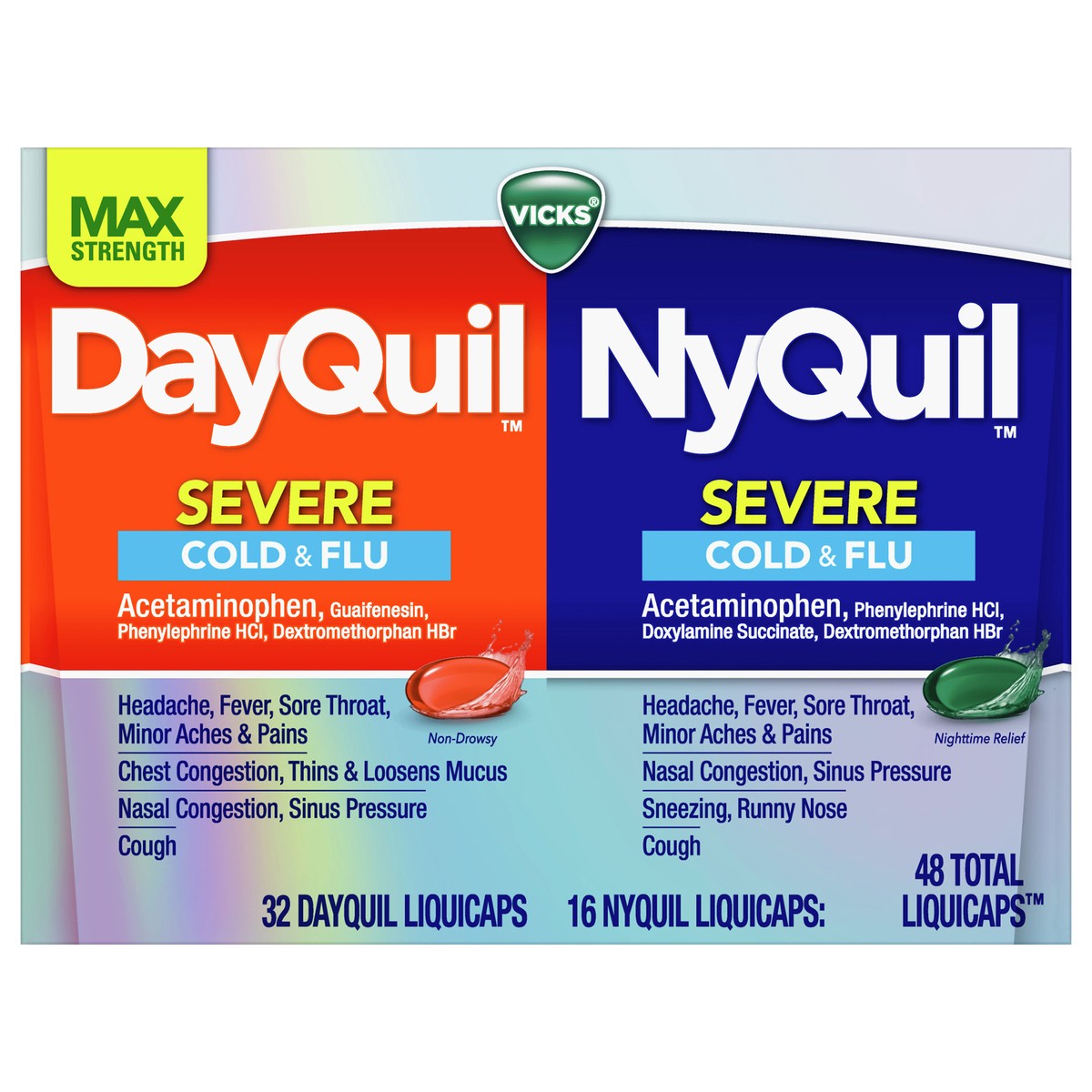 slide 1 of 4, Vicks DayQuil and NyQuil Severe Cough, Cold & Flu Relief LiquiCaps, 48 ct