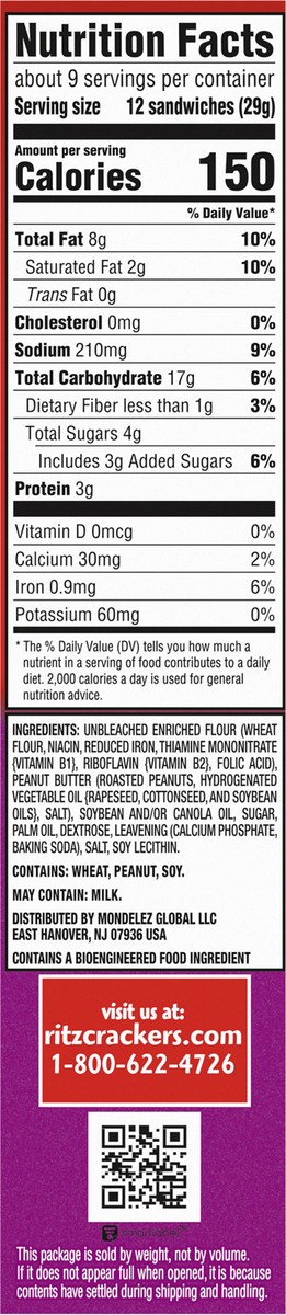 slide 3 of 9, RITZ Bits Peanut Butter Sandwich Crackers, Snacks for Kids and Adults, Lunch Snacks, 8.8 oz, 8.8 oz