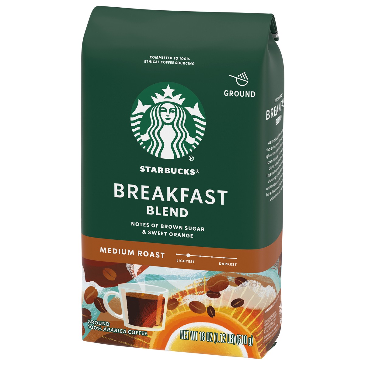 slide 5 of 9, Starbucks Ground Coffee, Medium Roast Coffee, Breakfast Blend, 100% Arabica, 1 bag (18 oz), 18 oz