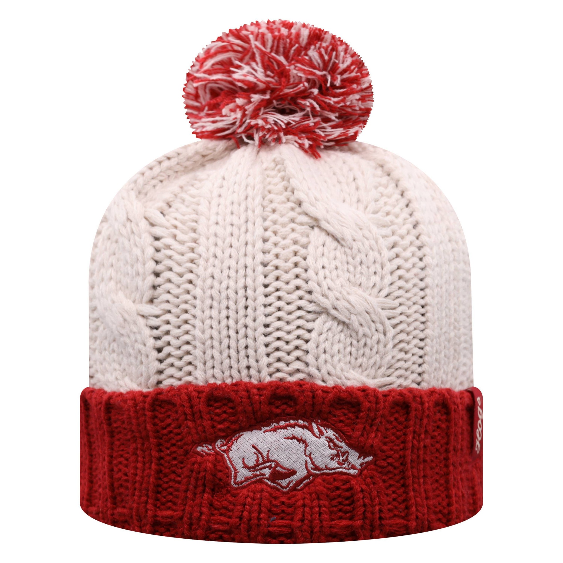 slide 1 of 2, NCAA Arkansas Razorbacks Women's Natural Cable Knit Cuffed Beanie with Pom, 1 ct