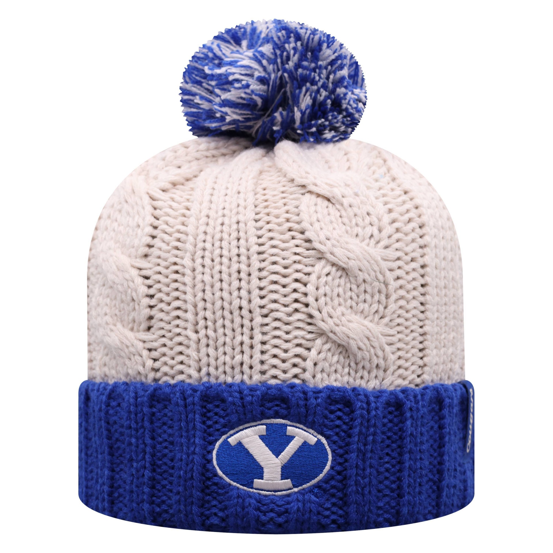 slide 1 of 2, NCAA BYU Cougars Women's Natural Cable Knit Cuffed Beanie with Pom, 1 ct