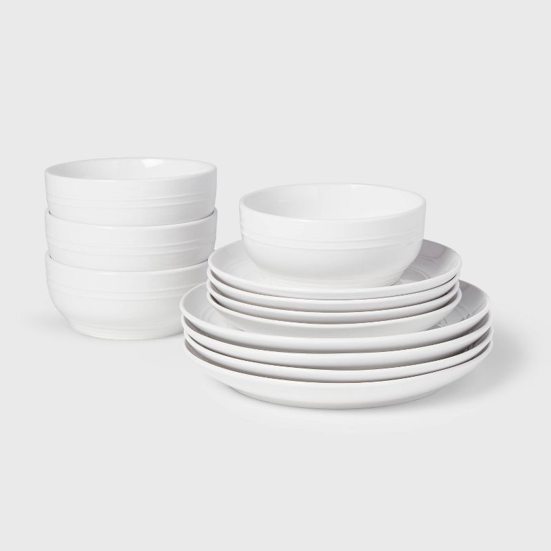 slide 1 of 5, 12pc Stoneware Westfield Dinnerware Set White - Threshold™: Solid Plate & Dish Set, Microwave & Dishwasher Safe, 12 ct