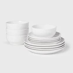 12pc Stoneware Westfield Dinnerware Set White - Threshold™: Solid Plate & Dish Set, Microwave & Dishwasher Safe