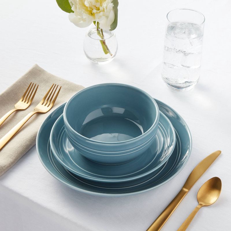 slide 2 of 5, 12pc Stoneware Westfield Dinnerware Set Blue - Threshold™: Solid Dish Set, Microwave & Dishwasher Safe, Service for 4, 12 ct