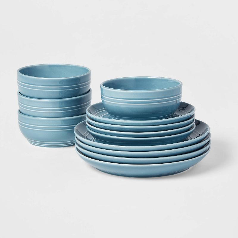 slide 1 of 5, 12pc Stoneware Westfield Dinnerware Set Blue - Threshold™: Solid Dish Set, Microwave & Dishwasher Safe, Service for 4, 12 ct