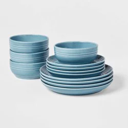 12pc Stoneware Westfield Dinnerware Set Blue - Threshold™: Solid Dish Set, Microwave & Dishwasher Safe, Service for 4