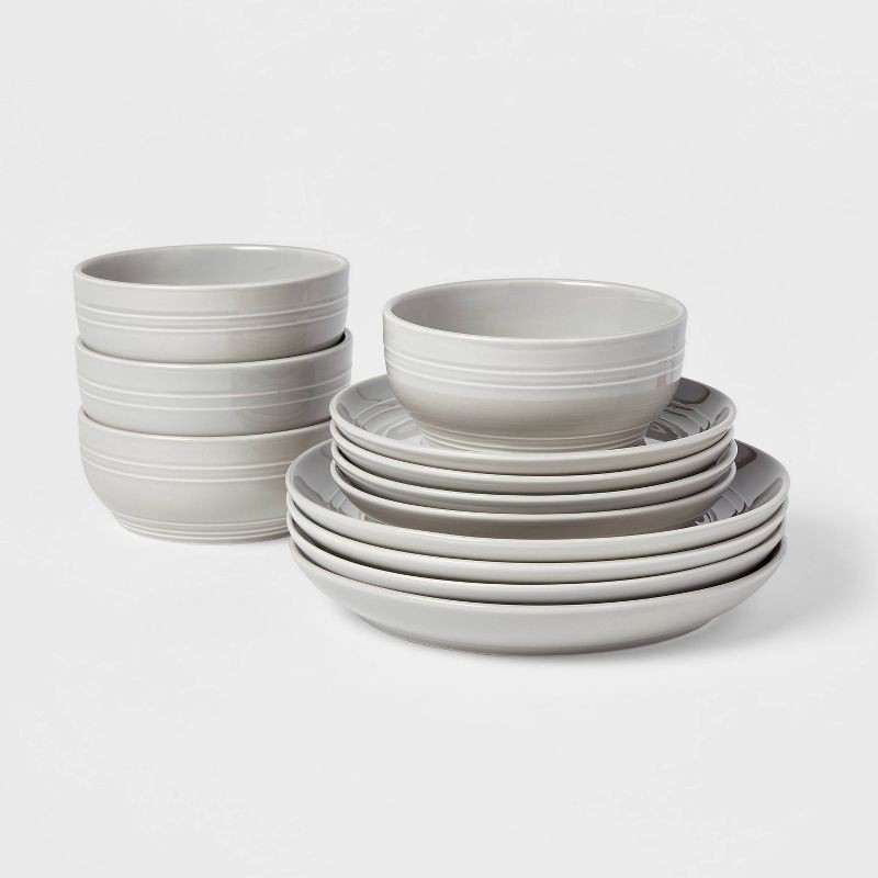 slide 1 of 5, 12pc Stoneware Westfield Dinnerware Set Gray - Threshold™: Solid Dish Set, Microwave & Dishwasher Safe, Service for 4, 12 ct