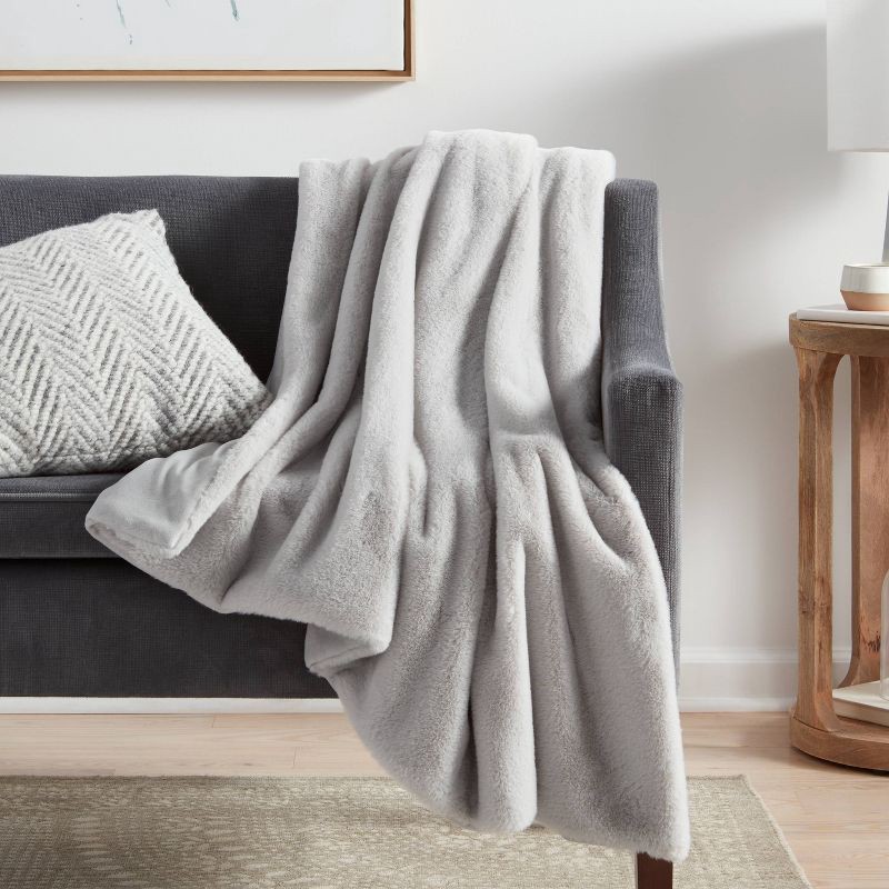 slide 2 of 5, Faux Rabbit Fur Reversible Throw Blanket Light Gray - Threshold™: Cozy, Midweight, Machine Washable, 1 ct