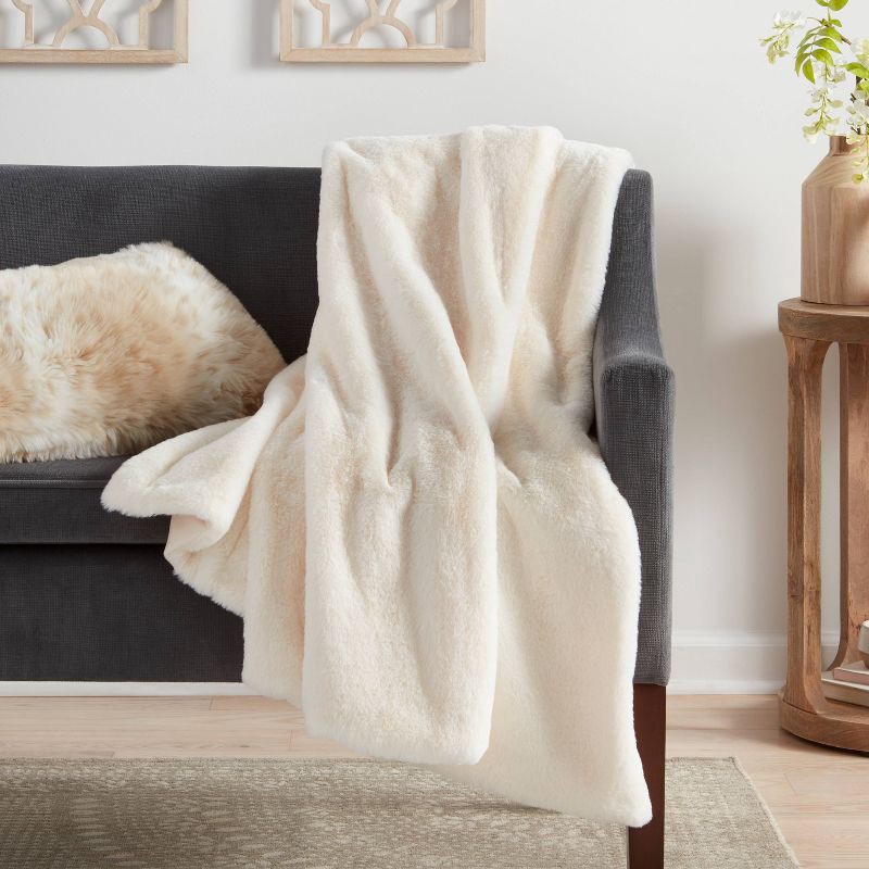 slide 2 of 5, Faux Rabbit Fur Reversible Throw Blanket Cream - Threshold™, 1 ct