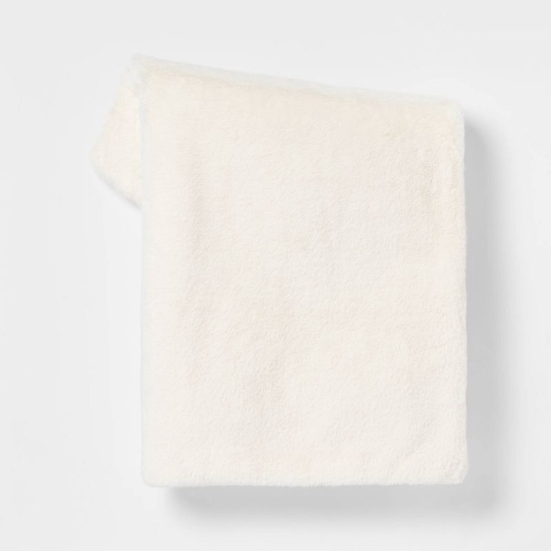 slide 1 of 5, Faux Rabbit Fur Reversible Throw Blanket Cream - Threshold™, 1 ct