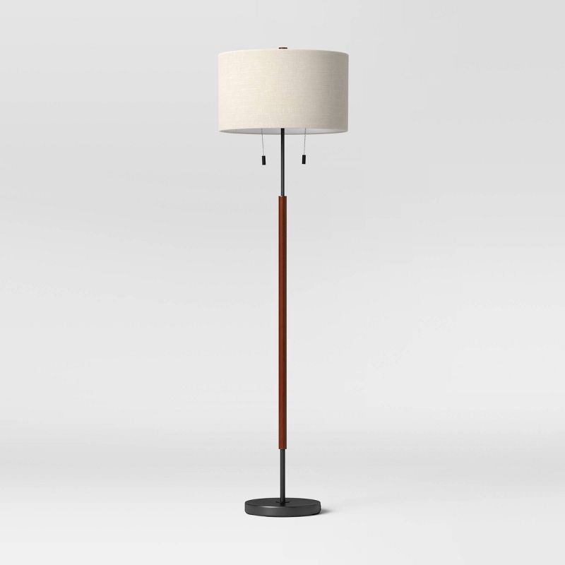 slide 2 of 4, 60.5"x18" Cut Off Base Floor Lamp Black/Brown Metal/Wood - Threshold™: Modern Standing Light for Living Room, Dual Pull Chain, 1 ct
