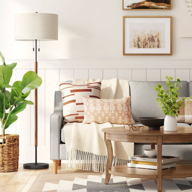 slide 3 of 4, 60.5"x18" Cut Off Base Floor Lamp Black/Brown Metal/Wood - Threshold™: Modern Standing Light for Living Room, Dual Pull Chain, 1 ct