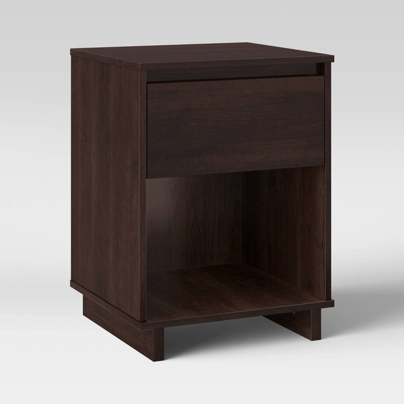 slide 1 of 8, Modern Nightstand Espresso - Room Essentials™: Laminated Particle Board Bedside Table with Storage Compartment, 1 ct