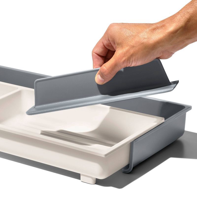 slide 4 of 8, OXO Expandable Kitchen Tool Drawer Organizer: Gray Utensil Storage for Kitchen Drawers, Hand Wash, Lifetime Warranty, 1 ct