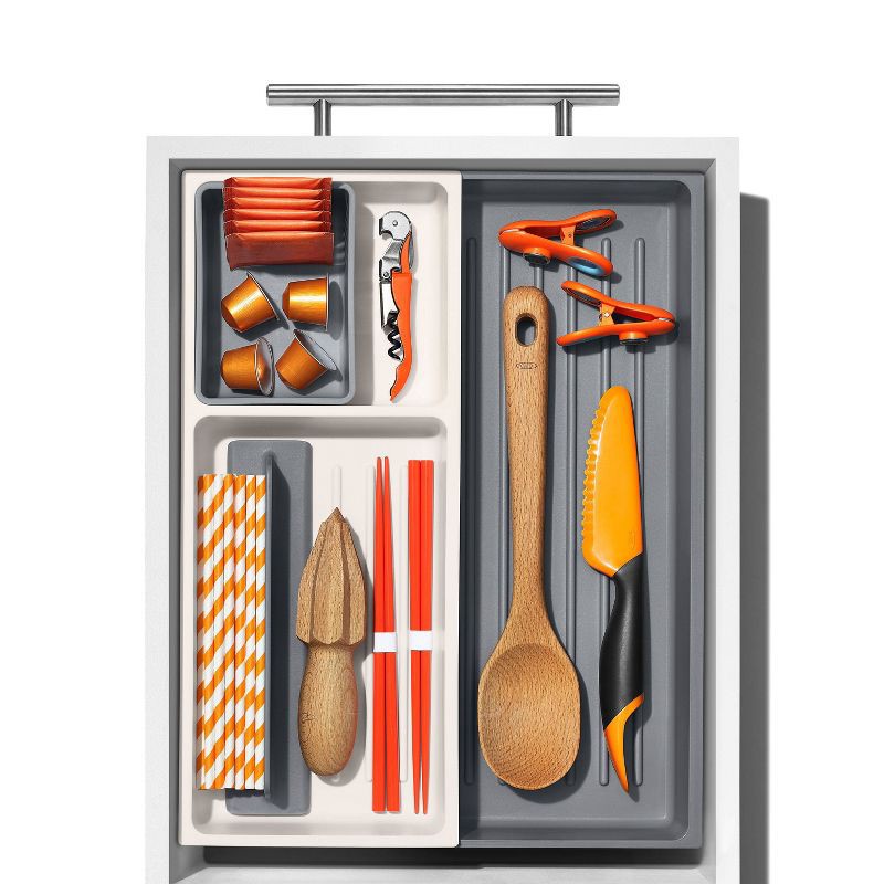 slide 7 of 8, OXO Expandable Kitchen Tool Drawer Organizer: Gray Utensil Storage for Kitchen Drawers, Hand Wash, Lifetime Warranty, 1 ct