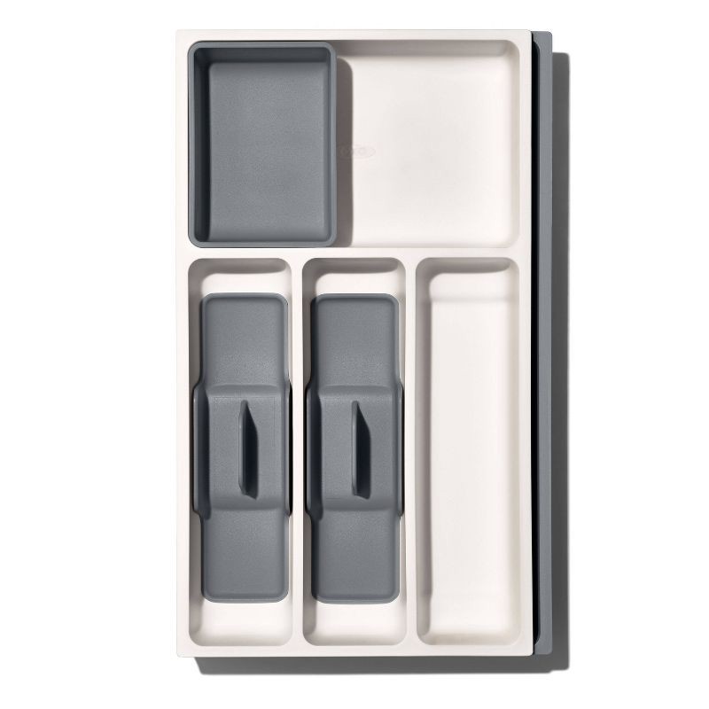 slide 2 of 6, OXO Expandable Utensil Drawer Organizer: Gray Kitchen Storage, Hand Wash, TPE & Polypropylene, 16.35" Depth, 9.91" Width, 1 ct