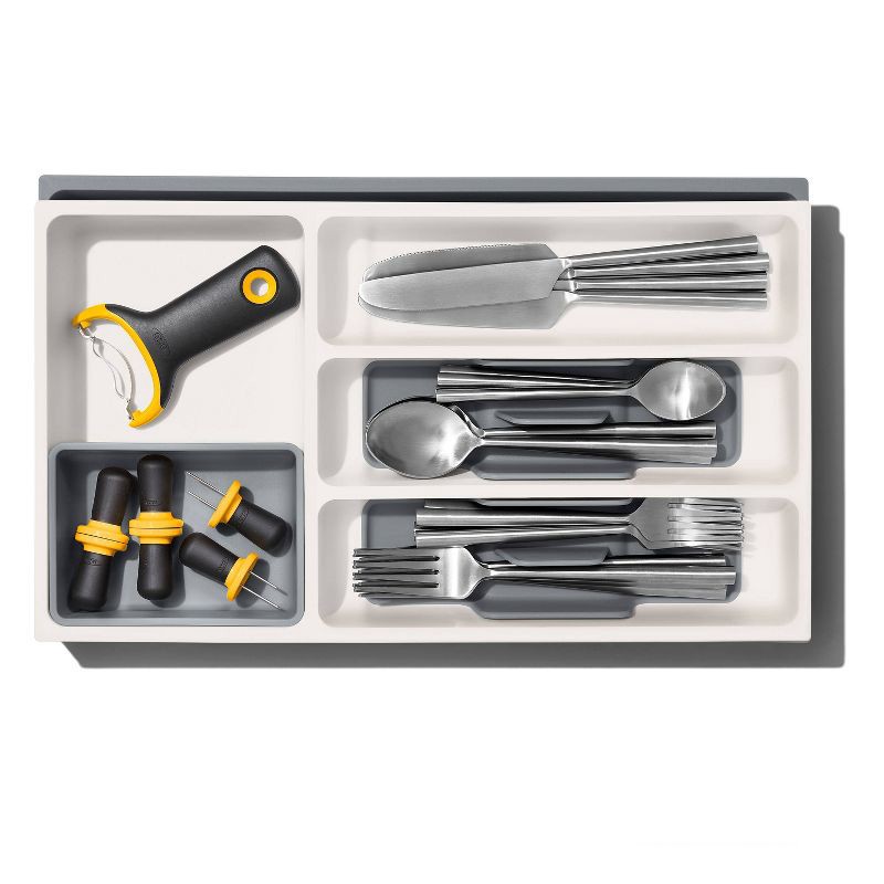 slide 4 of 6, OXO Expandable Utensil Drawer Organizer: Gray Kitchen Storage, Hand Wash, TPE & Polypropylene, 16.35" Depth, 9.91" Width, 1 ct