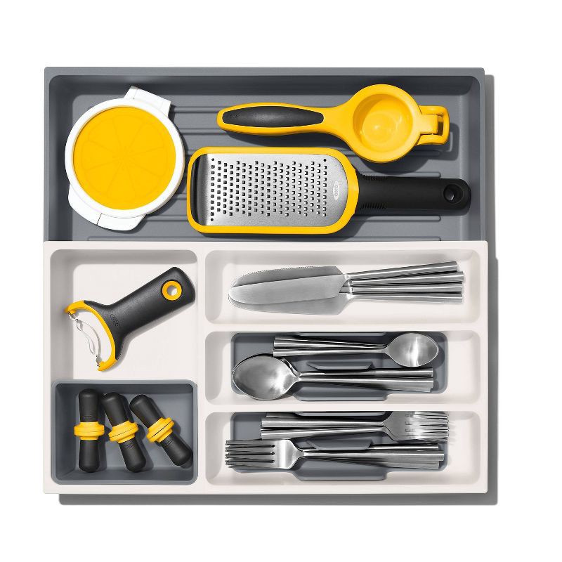 slide 5 of 6, OXO Expandable Utensil Drawer Organizer: Gray Kitchen Storage, Hand Wash, TPE & Polypropylene, 16.35" Depth, 9.91" Width, 1 ct