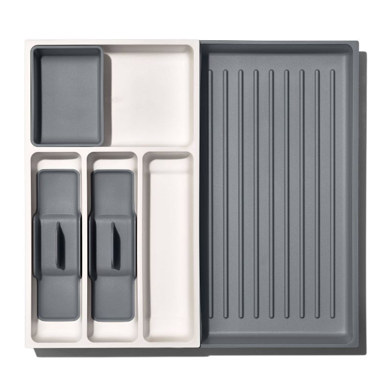 slide 1 of 6, OXO Expandable Utensil Drawer Organizer: Gray Kitchen Storage, Hand Wash, TPE & Polypropylene, 16.35" Depth, 9.91" Width, 1 ct