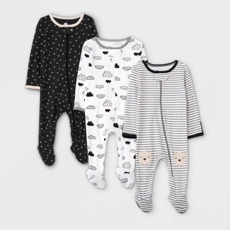 slide 1 of 4, Baby 3pk Zip-Up Sleep N' Play - Cloud Island Black/White 0-3M, 1 ct