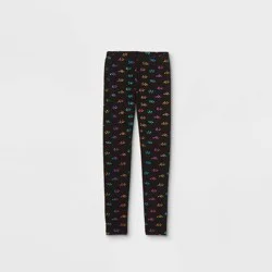 Girls' Heart Leggings - Cat & Jack™ Black M: Cotton-Spandex Blend, High Rise, Skinny Leg, Elastic Waistband, 22" Inseam