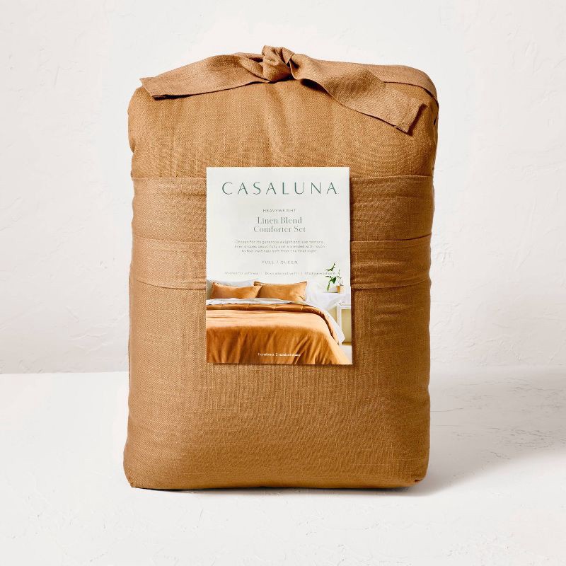 slide 6 of 8, Full/Queen Heavyweight Linen Blend Comforter & Sham Set Warm Brown - Casaluna™: Rayon, Cotton, OEKO-TEX Certified, 1 ct