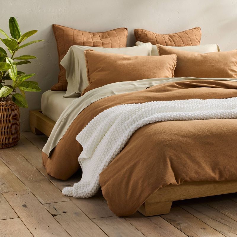 slide 2 of 8, Full/Queen Heavyweight Linen Blend Duvet Cover & Sham Set Warm Brown - Casaluna™: Rayon & Cotton, Zipper Closure, OEKO-TEX Certified, 1 ct