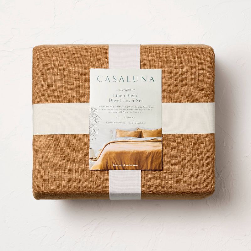 slide 6 of 8, Full/Queen Heavyweight Linen Blend Duvet Cover & Sham Set Warm Brown - Casaluna™: Rayon & Cotton, Zipper Closure, OEKO-TEX Certified, 1 ct
