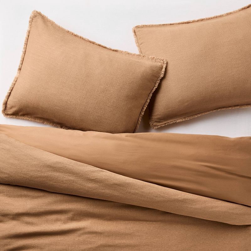slide 3 of 8, King Heavyweight Linen Blend Duvet Cover & Sham Set Warm Brown - Casaluna™: Rayon & Cotton, Zipper Closure, OEKO-TEX Certified, 1 ct