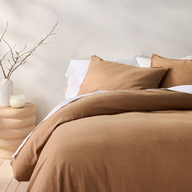 slide 1 of 8, King Heavyweight Linen Blend Duvet Cover & Sham Set Warm Brown - Casaluna™: Rayon & Cotton, Zipper Closure, OEKO-TEX Certified, 1 ct