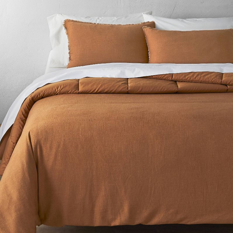 slide 1 of 8, King/California King Heavyweight Linen Blend Comforter & Sham Set Warm Brown - Casaluna™: Rayon & Cotton, Zipper Shams, 1 ct