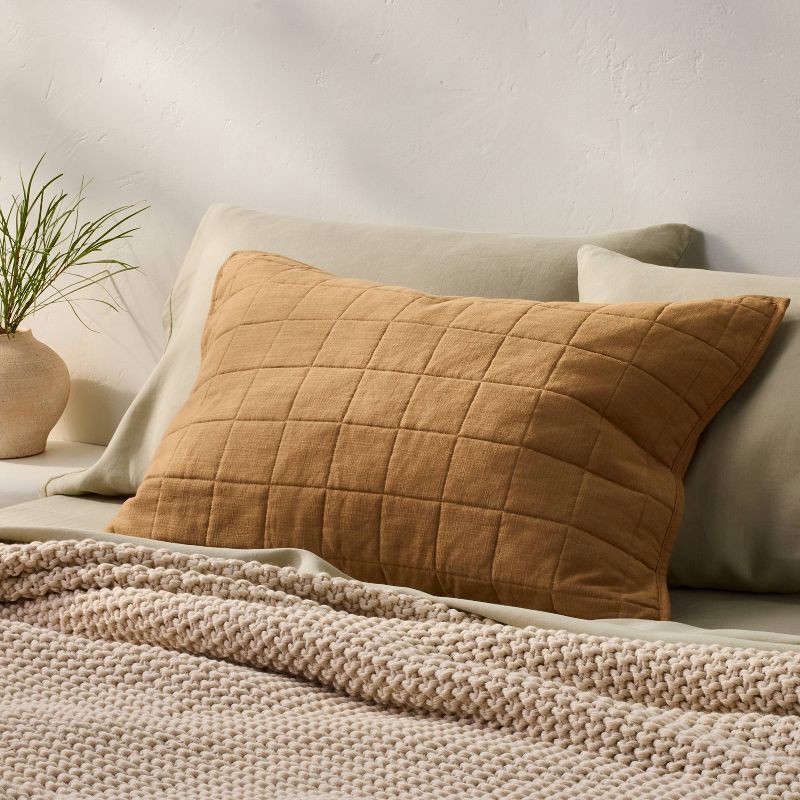slide 1 of 5, Standard Heavyweight Linen Blend Quilt Pillow Sham Warm Brown - Casaluna™: Zipper Closure, OEKO-TEX Certified, 1 ct