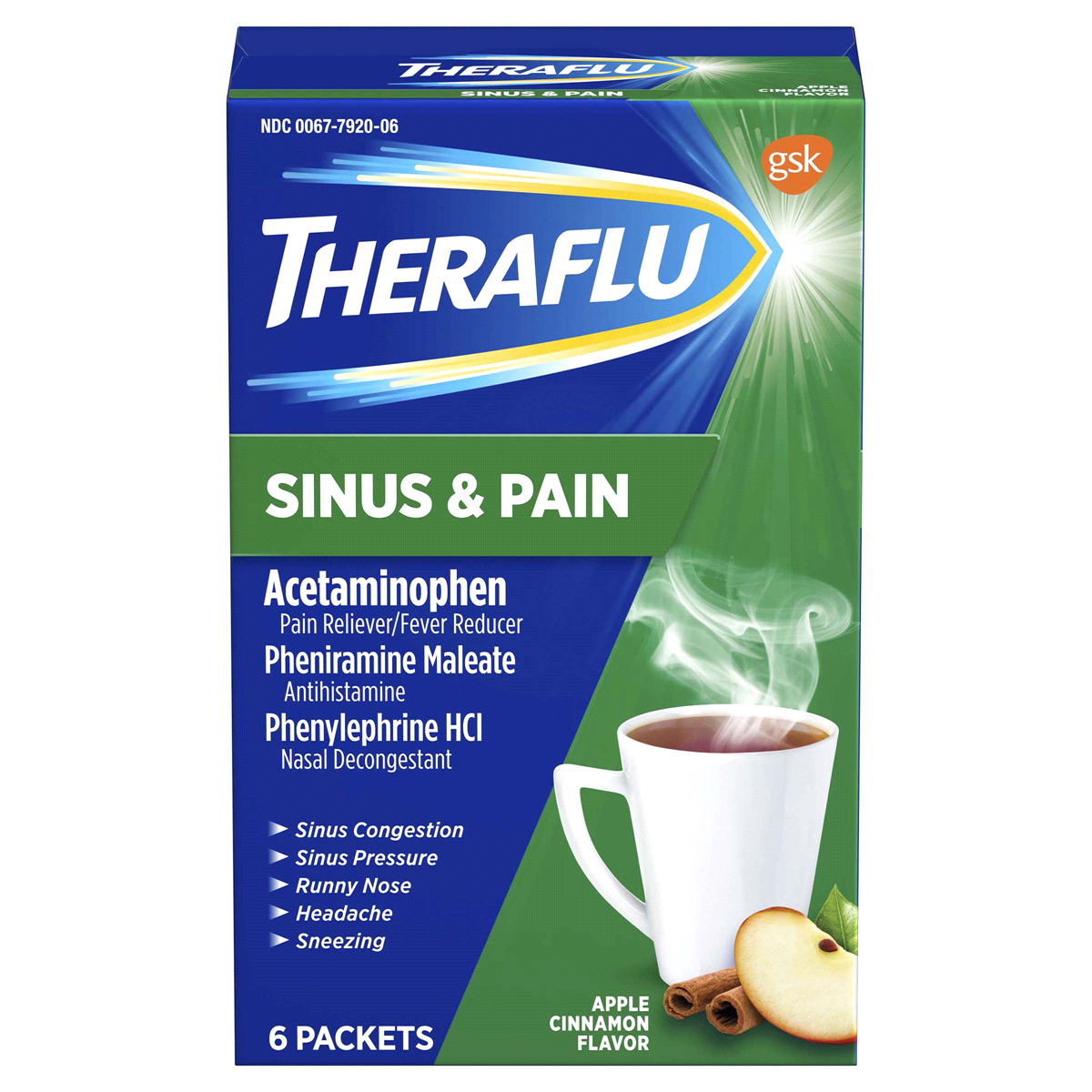 slide 1 of 1, Theraflu Sinus & Pain Apple Cinnamon Flavor Acetaminophen Drink Mix Packets, 6 ct