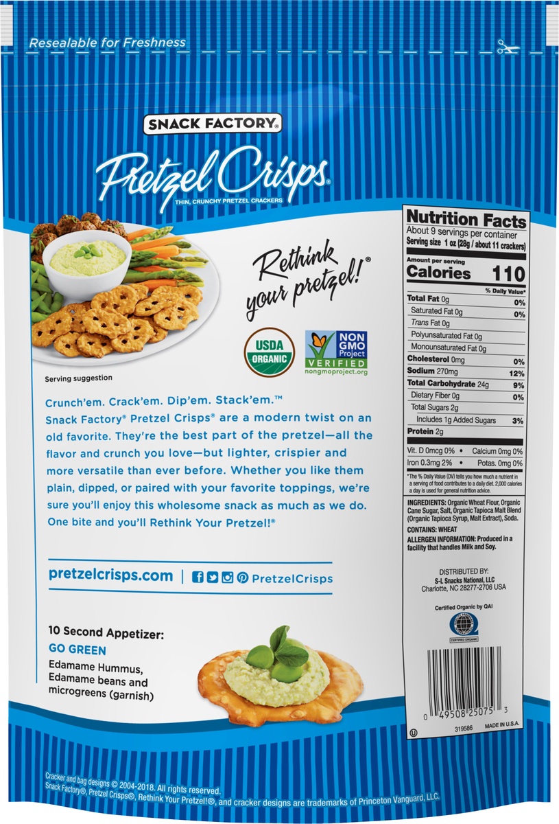 slide 4 of 5, Snack Factory Pretzel Crisps, Organic Original, 9.35 Oz, 9.35 oz