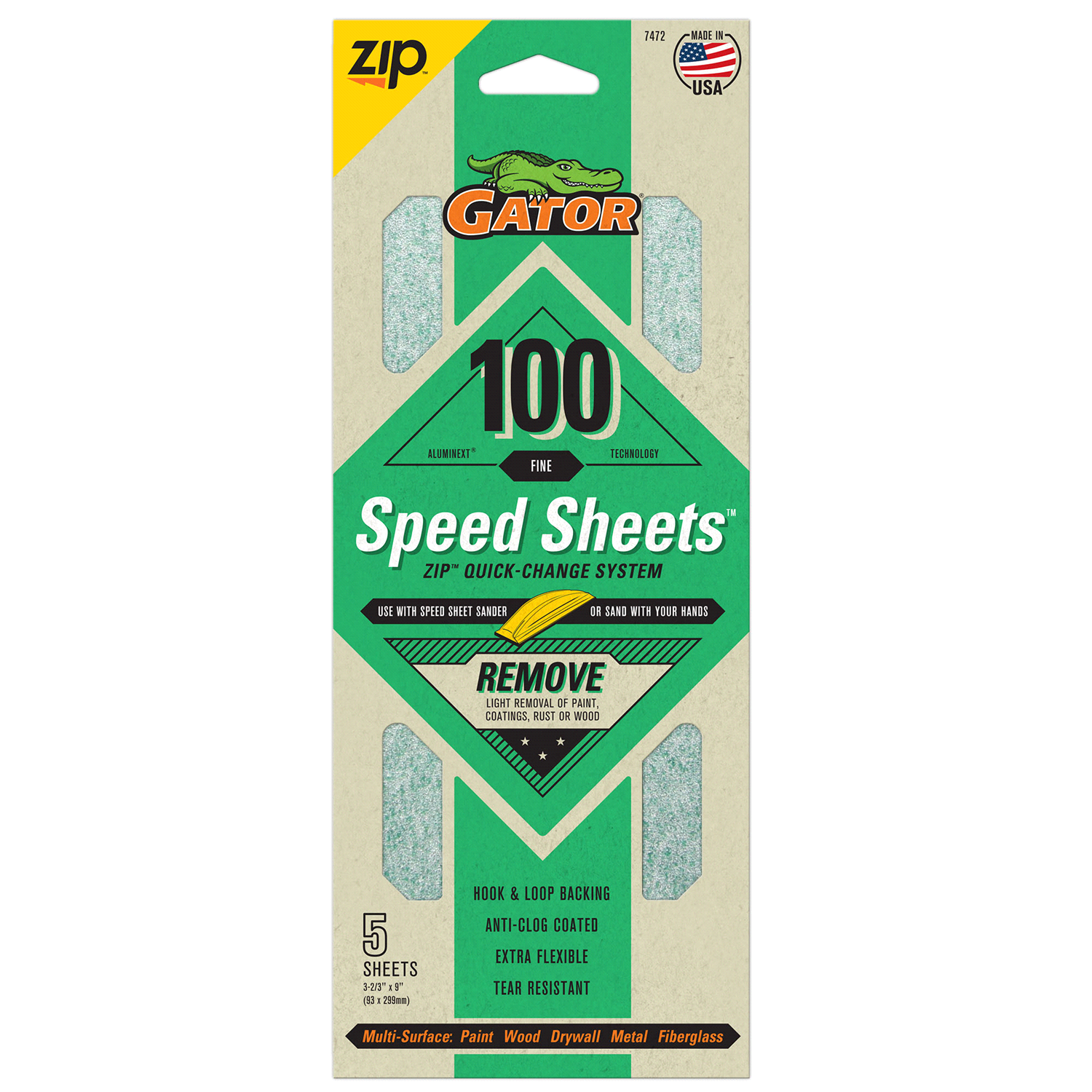 slide 1 of 5, Rustoleum Gator AlumiNext 3-2/3-Inch x 9-Inch Hook and Loop Premium Multi-Surface Sanding Speed Sheets - 7472, 100 Grit, 5 ct