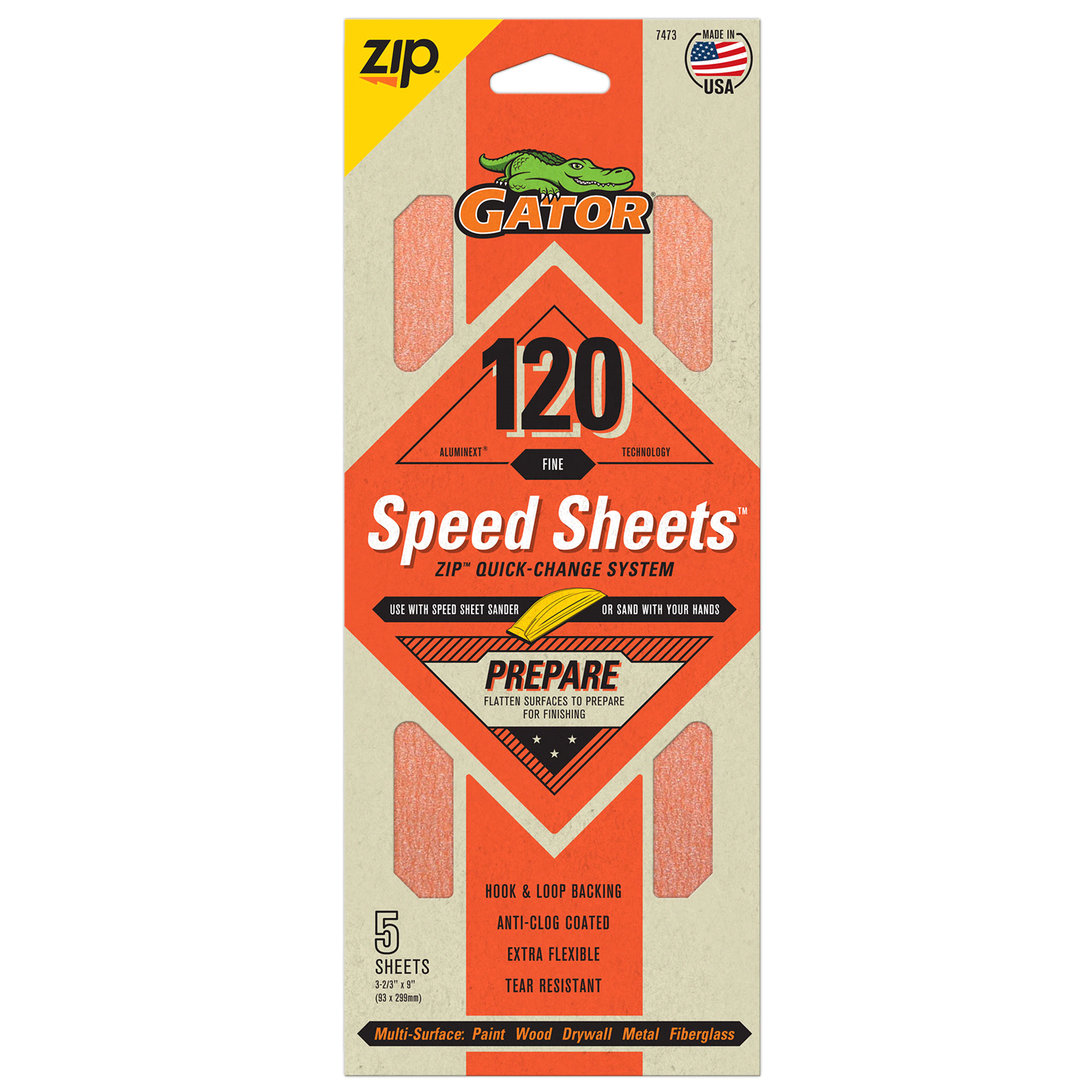 slide 1 of 5, Rustoleum Gator AlumiNext 3-2/3-Inch x 9-Inch Hook and Loop Premium Multi-Surface Sanding Speed Sheets - 7473, 120 Grit, 5 ct