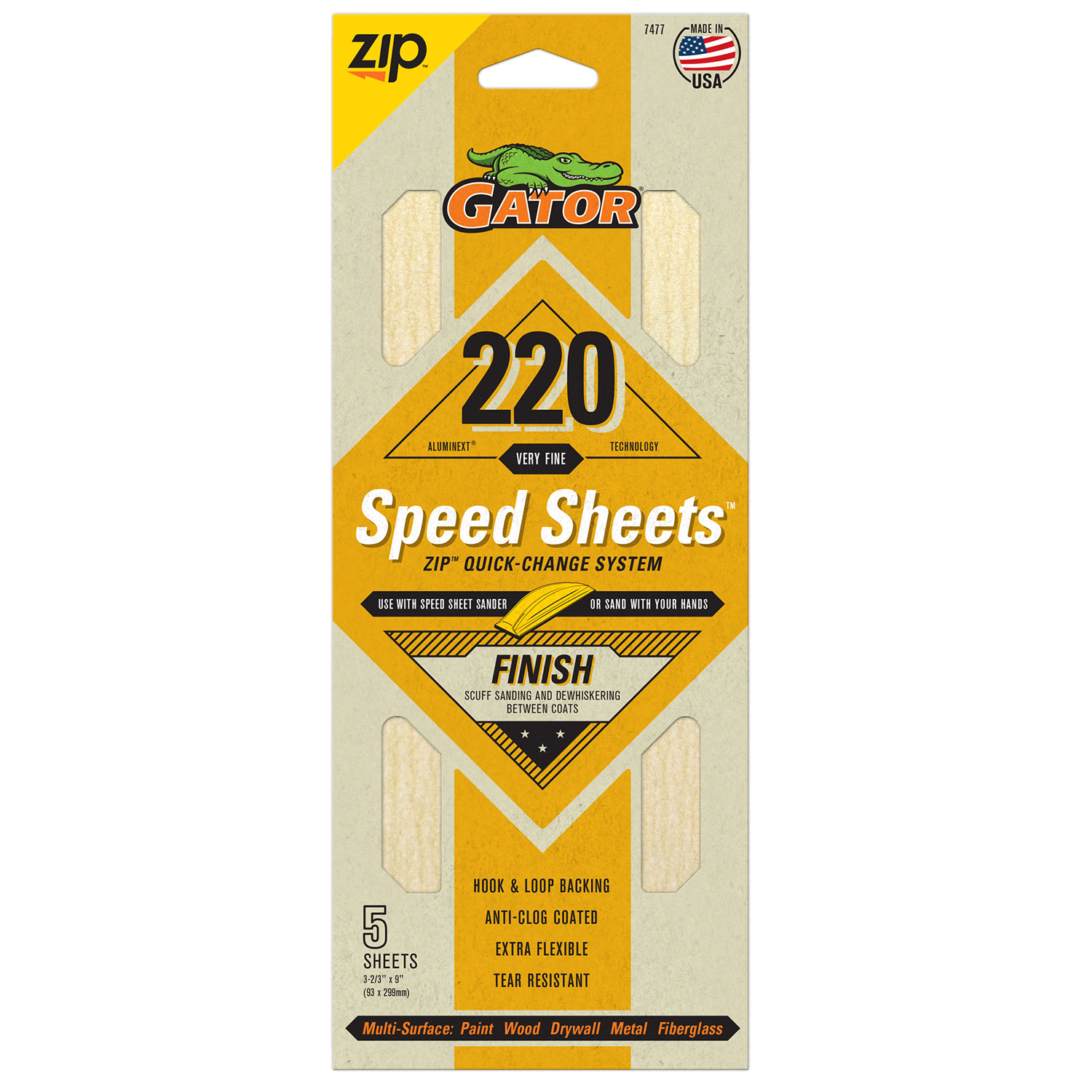 slide 1 of 5, Rustoleum Gator AlumiNext 3-2/3-Inch x 9-Inch Hook and Loop Premium Multi-Surface Sanding Speed Sheets - 7477, 220 Grit, 5 ct