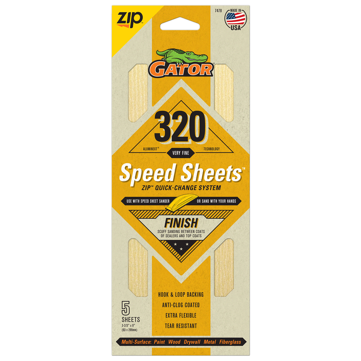 slide 1 of 5, Rustoleum Gator AlumiNext 3-2/3-Inch x 9-Inch Hook and Loop Premium Multi-Surface Sanding Speed Sheets - 7478, 320 Grit, 5 ct