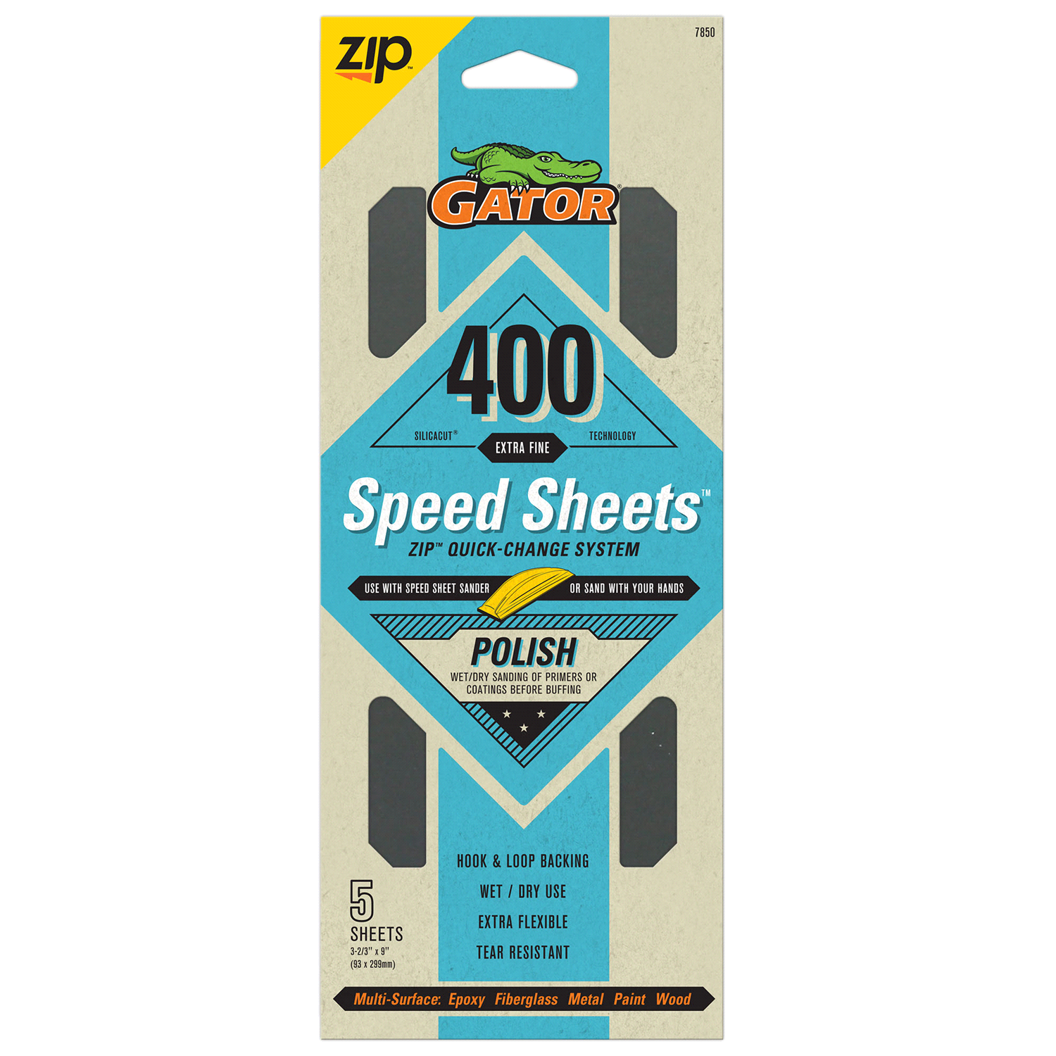 slide 1 of 5, Rustoleum Gator 3-2/3-Inch x 9-Inch Hook and Loop Waterproof Sanding Speed Sheets - 7850, 400 Grit, 5 ct