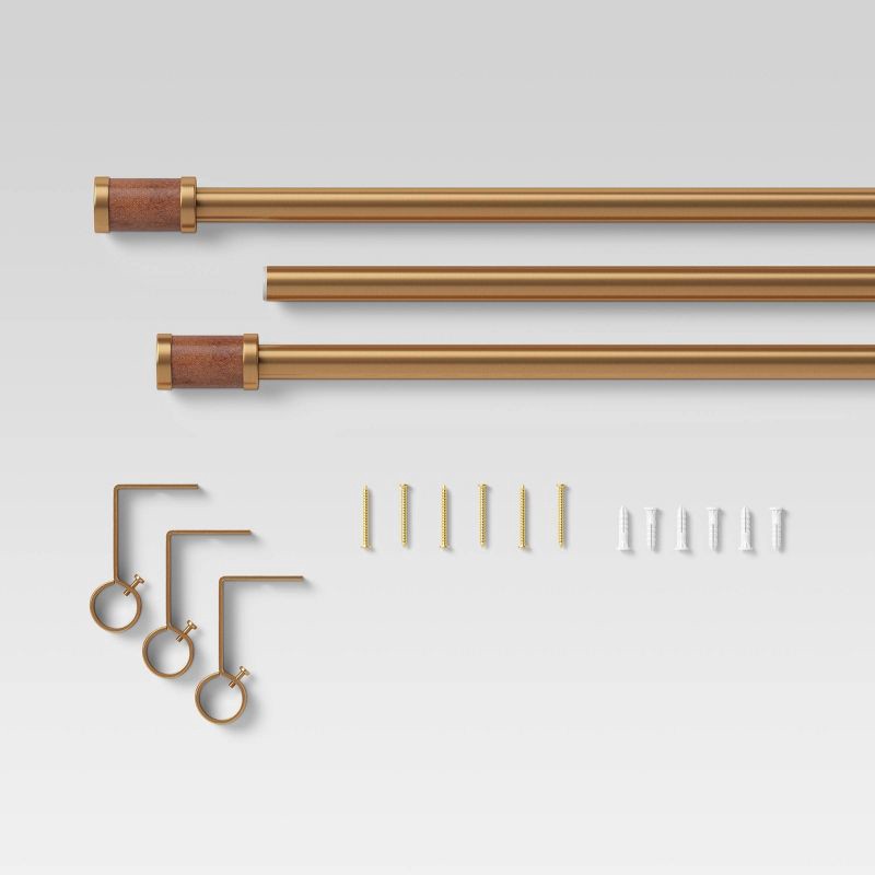 slide 3 of 4, 66"-120" Faux Leather Cylinder Plated Curtain Rod Brass - Threshold™, 1 ct