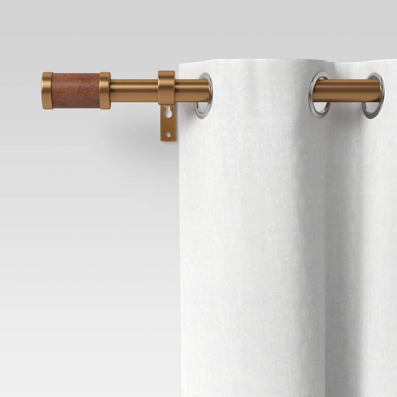 slide 4 of 4, 66"-120" Faux Leather Cylinder Plated Curtain Rod Brass - Threshold™, 1 ct