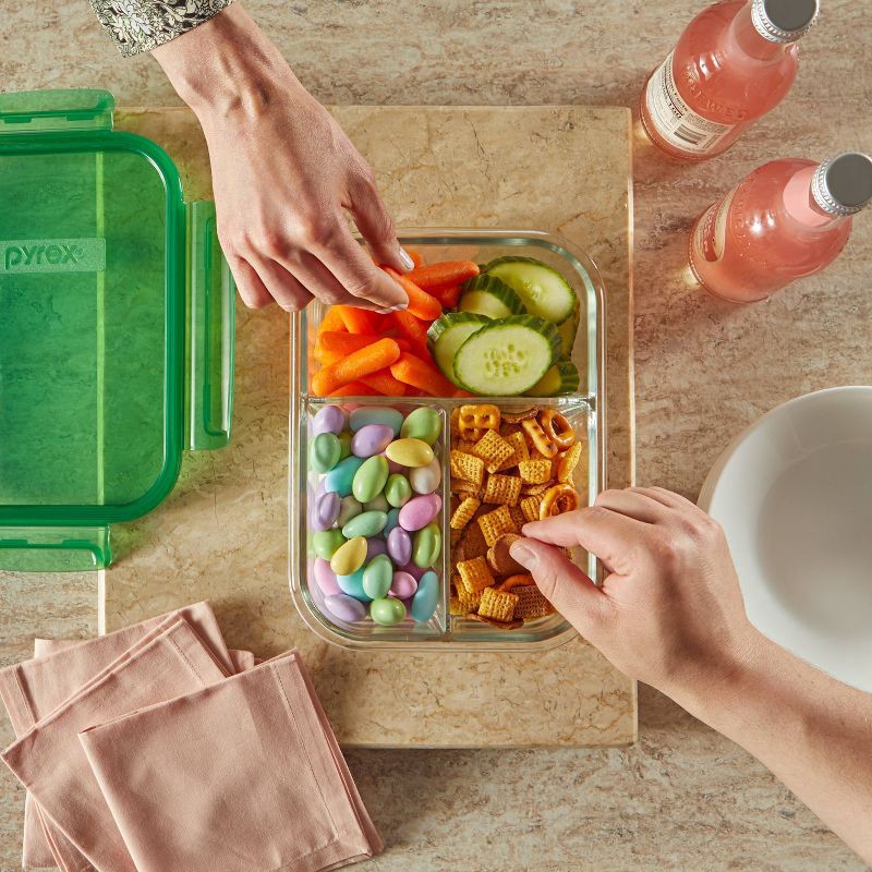 slide 2 of 9, Pyrex 3.8 Cup 3 Compartment Rectangular MealBox Glass Food Storage Container, 1 ct